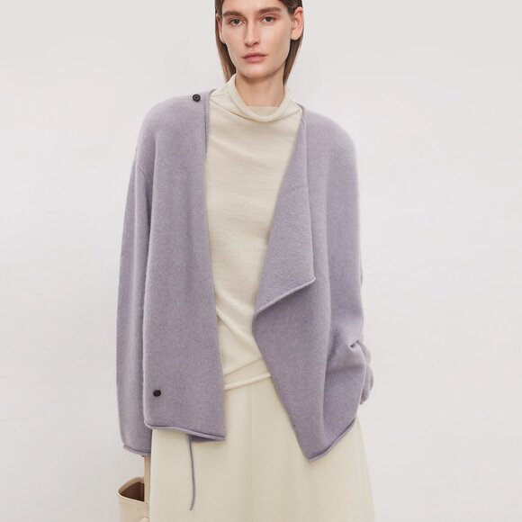 CHICJOC Asymmetric Draped Neck Wool–Cashmere Cardigan Soft Mist Purple size 36 - Picture 5 of 7